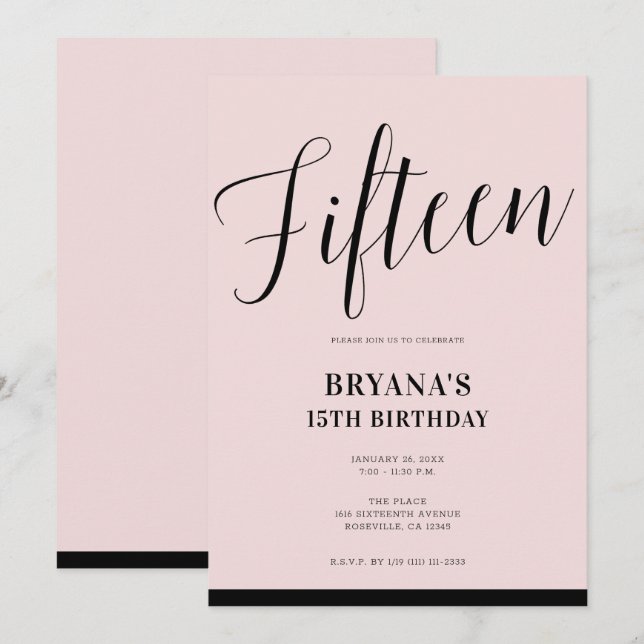 Pink & Black Modern Minimal Script Fifteen 15 15th Invitation (Front/Back)