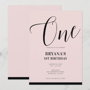 Pink Black Modern Minimal Script ONE 1ST Birthday  Invitation