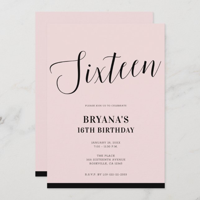 Pink & Black Modern Minimal Script Sweet 16  Invitation (Front/Back)