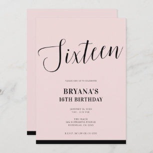 Pink & Black Modern Minimal Script Sweet 16 Invitation