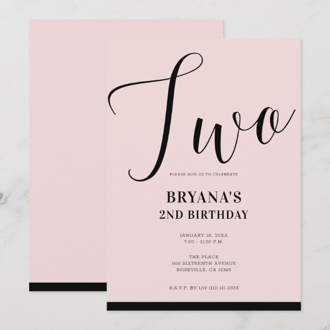 Pink Black Modern Minimal Script TWO 2ND Birthday  Invitation (Front/Back)