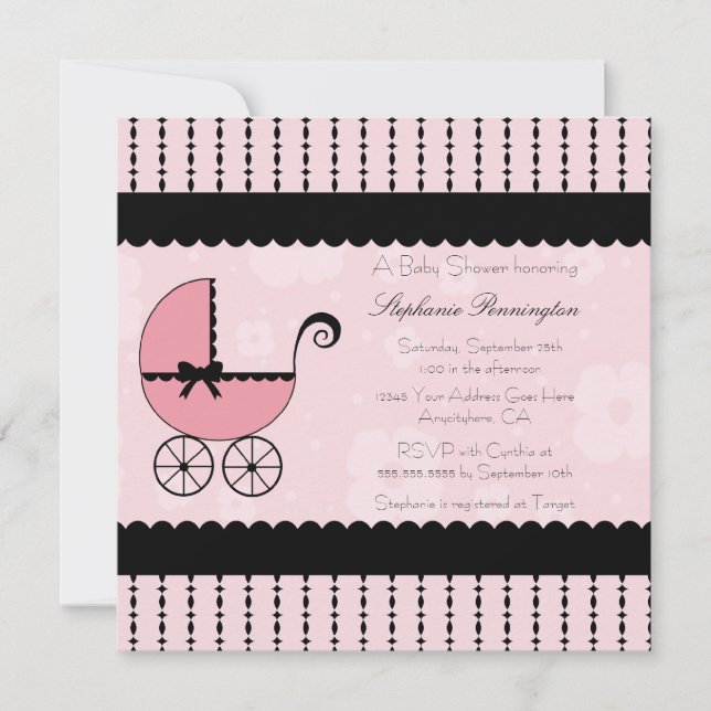 Pink black modern stroller baby shower invitation (Front)
