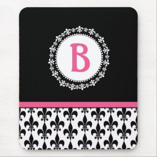 Pink Black Monogram Fleur de Lis Mouse Pad