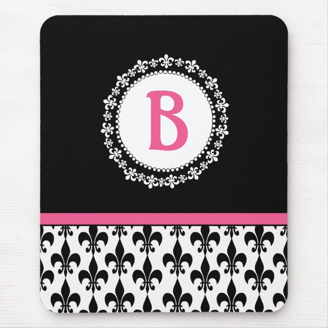 Pink Black Monogram Fleur de Lis Mouse Pad (Front)