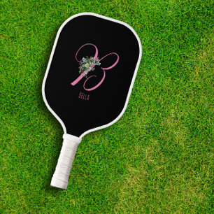 Pink black monogram flower letter B Pickleball Paddle
