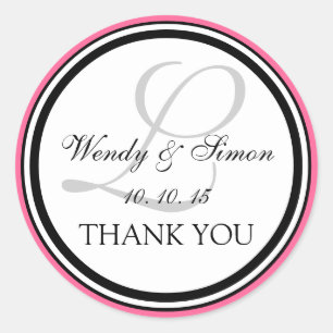 Pink Black Monogram L Wedding Thank You Classic Round Sticker