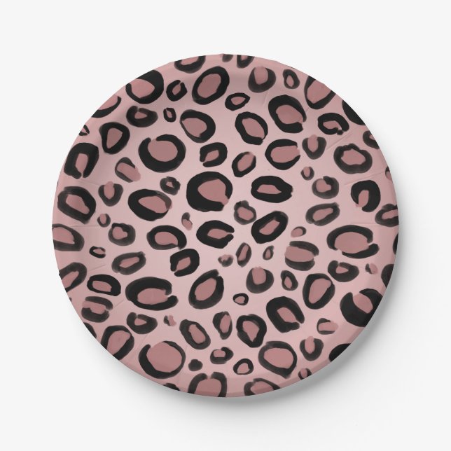 Pink & Black Painted Cheetah Leopard Print Spots Paper Plate (Front)