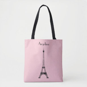Pink Black Paris Eiffel Tower with Name Tote Bag