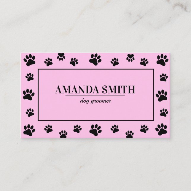 Pink & Black Paw Prints Dog Groomer Business Card (Front)