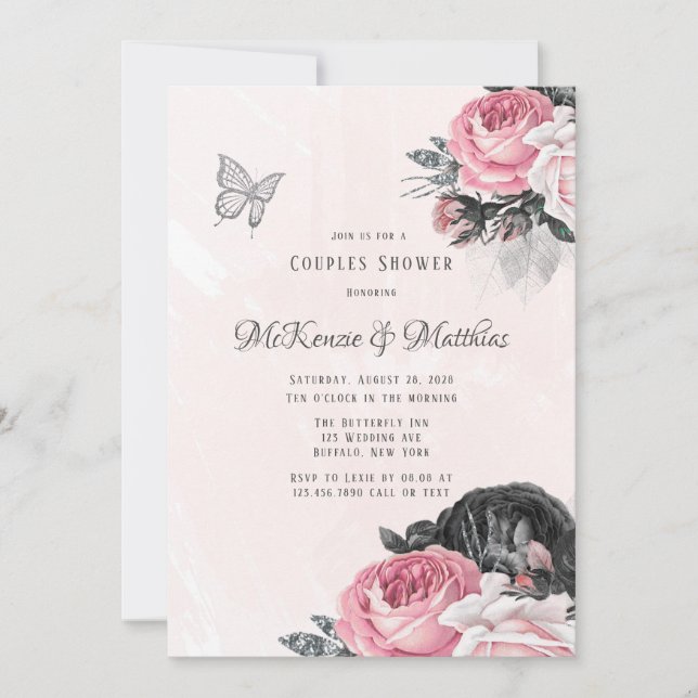 Pink Black Peony Silver Butterfly Couples Shower Invitation (Front)