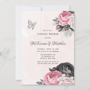 Pink Black Peony Silver Butterfly Couples Shower Invitation