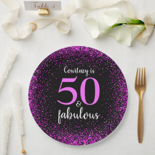 Pink & black personalized 50 and fabulous paper paper plate