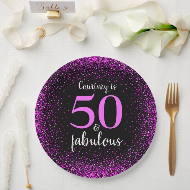Pink & black personalized 50 and fabulous paper plate (Wedding)
