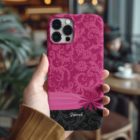 Pink & Black Personalized Damask iPhone Cover-
