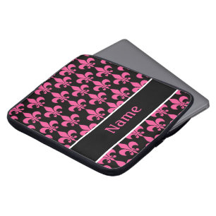 Pink Black Personalized Fleur de Lis Laptop Sleeve