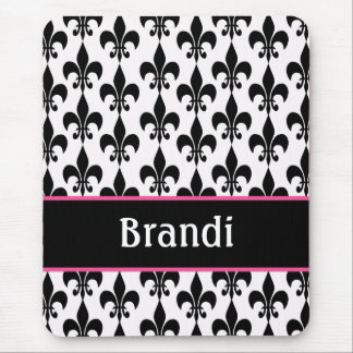 Pink Black Personalized Fleur de Lis Mouse Pad