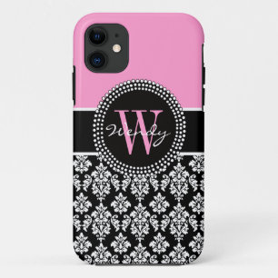 Pink Black Personalized Initial Damask iPhone 11 Case
