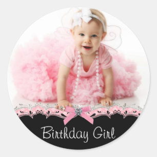 Pink Black Photo Birthday Party Stickers