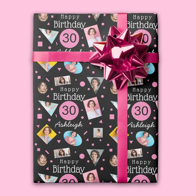 Pink Black Photo Collage 30th Birthday Wrapping Paper (Creator Uploaded)
