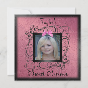 Pink & Black Photo Frame Sweet16 Birthday Invite