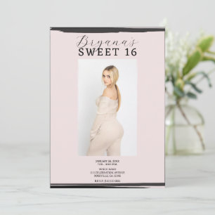 Pink & Black Photo Frame Trendy Modern Sweet 16 Invitation