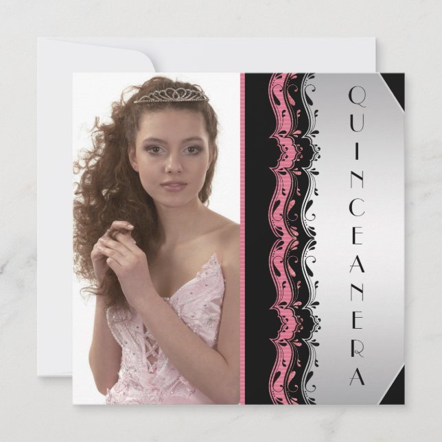 Pink Black Photo Quinceanera Invitation (Front)
