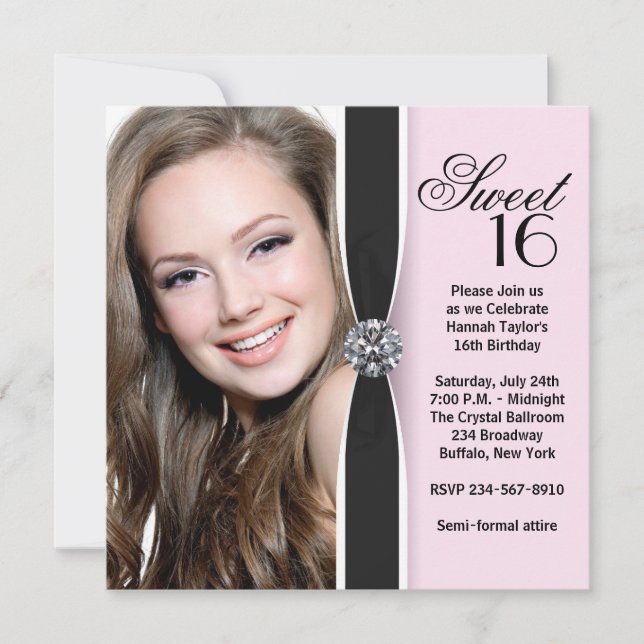 Pink Black Photo Sweet 16 Birthday Party Invitation (Front)
