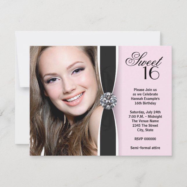 Pink Black Photo Sweet 16 Birthday Party Invitation (Front)