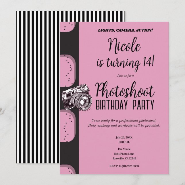 Pink Black Photoshoot Photography Birthday Party Invitation (Front/Back)