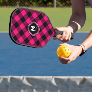 Pink Black Plaid Monogram Name Pickleball Paddle