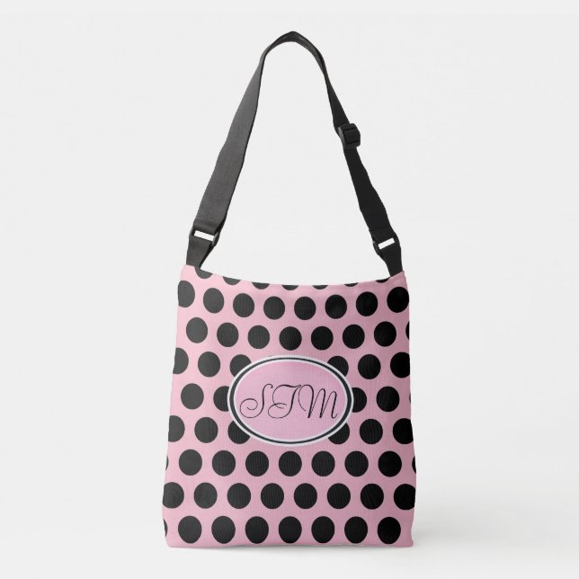 Pink Black Polka Dot Monogram Tote Bag (Front)