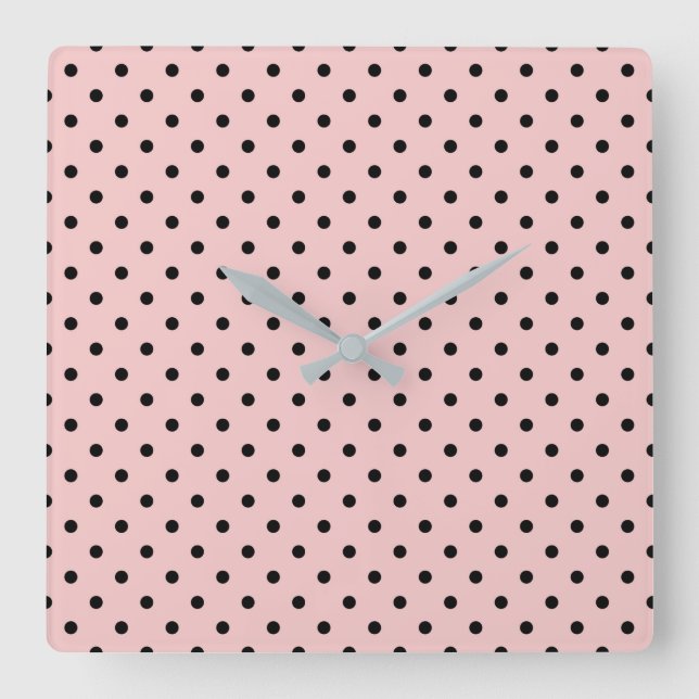 Pink black polka dot square wall clock (Front)
