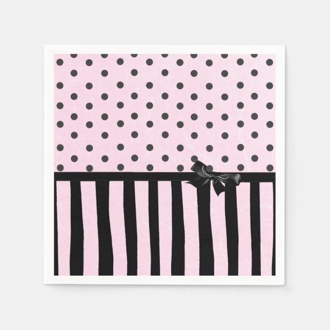 Pink & Black Polka Dot Striped Party Paper Napkins (Front)