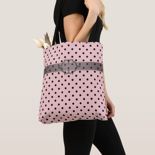 Pink black polka dot tote bag (Close Up)
