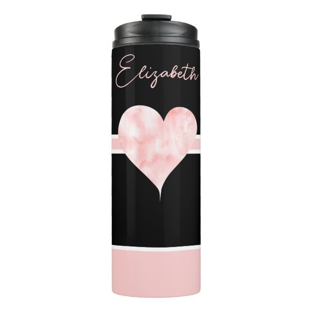 Pink & Black Pretty Personalized Heart Thermal Tumbler (Front)