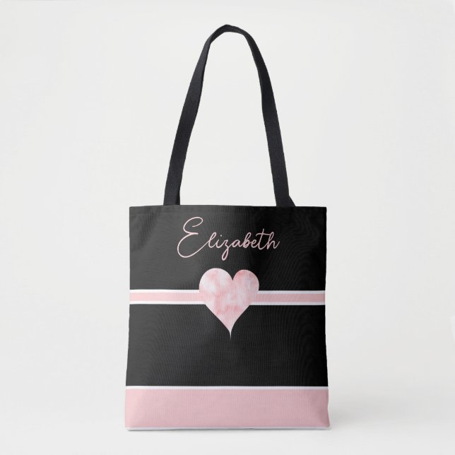 Pink & Black Pretty Personalized Heart Tote Bag (Front)