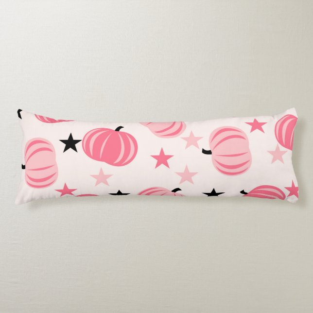 Pink & Black Pumpkin with Stars Halloween & Autumn Body Pillow (Front)
