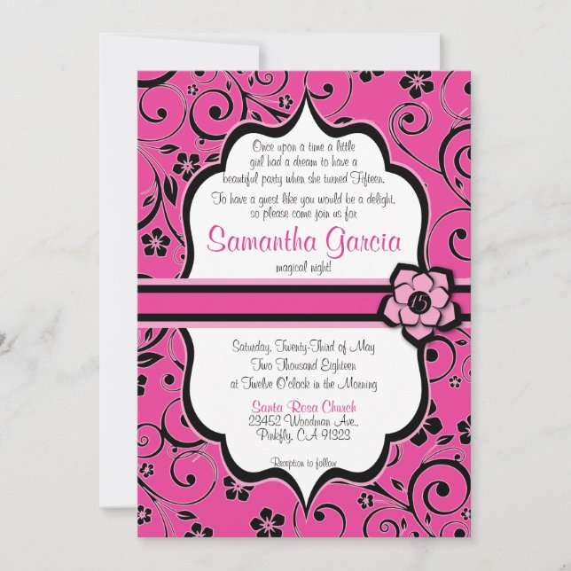 Pink & Black Quinceañera Invitation, Sweet 15 Invitation (Front)