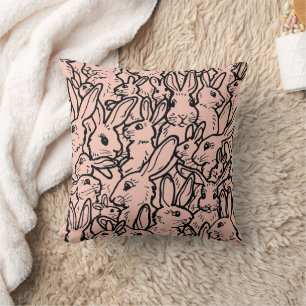 Pink & Black Rabbit Drawing Cute Bunny Pattern Throw Pillow