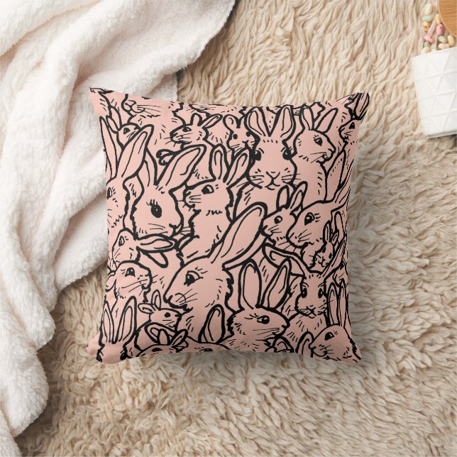 Pink & Black Rabbit Drawing Cute Bunny Pattern Throw Pillow (Blanket)