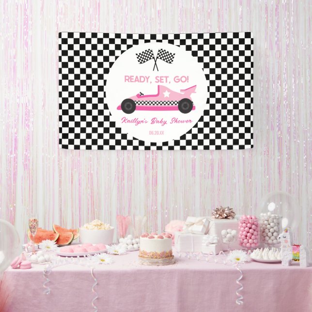 Pink Black Race Car Ready Set Go Baby Shower Banner (Party)