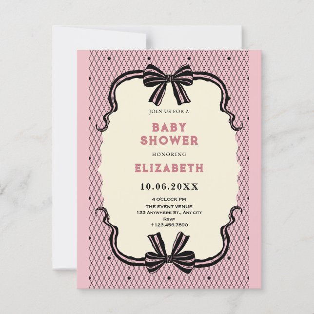 Pink black retro bow baby shower invitation (Front)