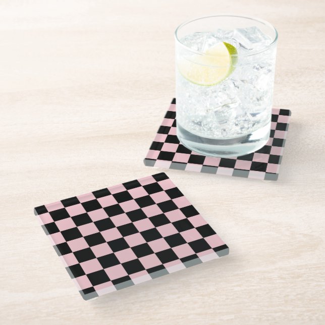 Pink Black Retro Checks Chequerboard Pattern  Glass Coaster (Angled)