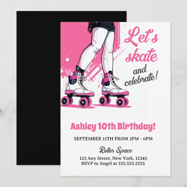 Pink & Black Roller Skate Skating Birthday Invitation (Front/Back)
