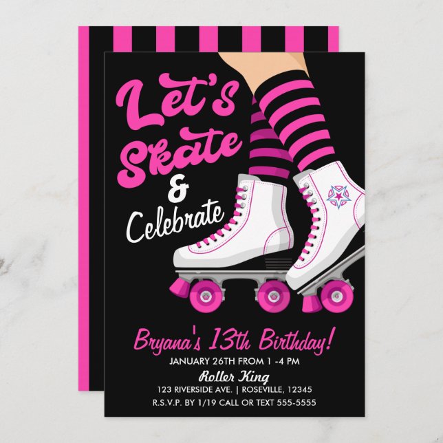 Pink & Black Roller Skate Skating Birthday Party Invitation (Front/Back)