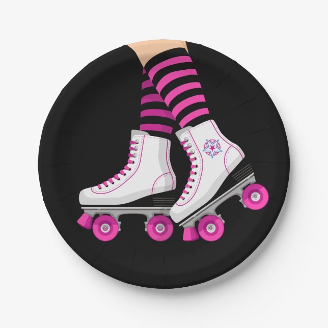Pink & Black Roller Skate Skating Birthday Party Paper Plate (Front)