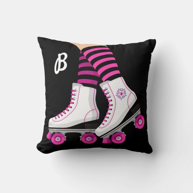Pink & Black Roller Skate Skating Throw Pillow (Front)