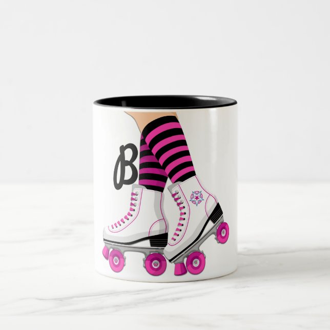 Pink & Black Roller Skate Skating Two-Tone Coffee Mug (Center)