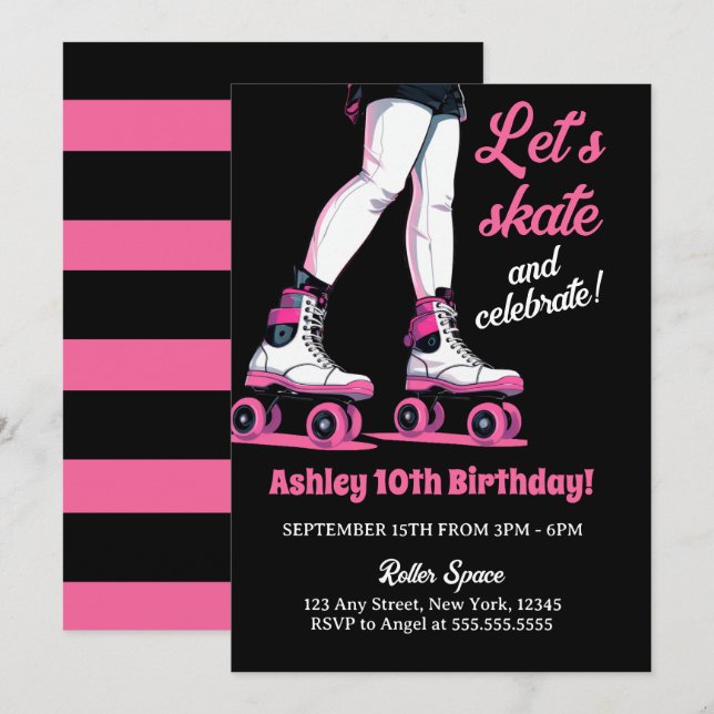 Pink & Black Rollerblade Skating Birthday Invitation (Front/Back)