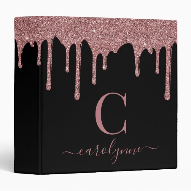 Pink Black Rose Gold Glitter Drips Monogram Binder (Front/Spine)